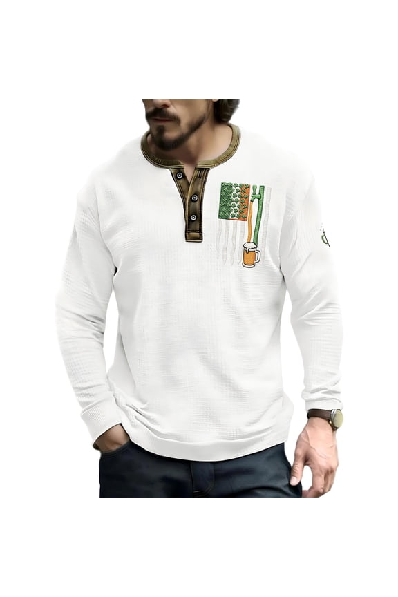 Mens St. Patricks Day Henley Shirts Waffle Knit Usa Flag Graphic Shirt Button Long Sleeve Sweatshirt Fashion Winter St Patrick's Day Comfort Pullover Sweater,White M