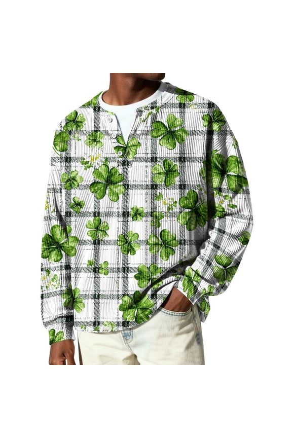 Mens St.patricks Day Henley Shirts Long Sleeve Button Down Shirts Green Shamrock Ribbed Pullover Tees Crewneck Lightweight Stylish St Patrick's Day Clothes,White S