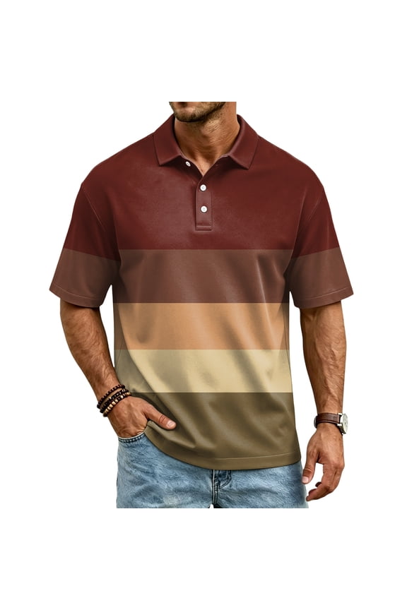 Mens Stripes Polo Shirt Short Sleeve 3 Buttons Shirt Collared Fast Dry T-Shirt Casual Breathable Work Business Top,Wine XL