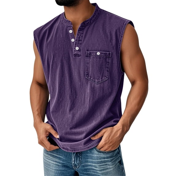 Havenx Mens Summer Tank Tops Sleeveless Henley Button Up Shirts Distressed Washed V Neck Vest with Pockets Athletic Muscle Loose Fit Summer Vacation Tees,Light Purple 3XL