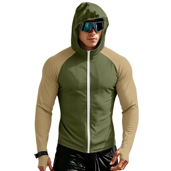 Havenx Mens Sun Protection Fishing Jackets Raglan Long Sleeve Full Zip Coat Thumbhole Hooded Hoodie Jacket Cooling Lightweight Outdoor Hiking Fishing Blouse,Camouflage Green 4XL