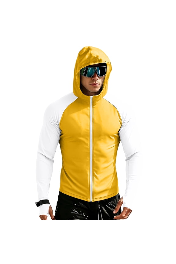 Mens Sun Protection Fishing Jackets Raglan Long Sleeve Full Zip Coats Thumbhole Hooded Jacket Rash Guard Cooling Lightweight Outdoor Hiking Fishing Blouse,Yellow S