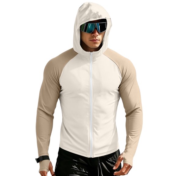 Havenx Mens Sun Protection Fishing Jackets Raglan Long Sleeve Full Zip Coats Thumbhole Hooded Rash Guard Jackets Cooling Lightweight Outdoor Hiking Fishing Blouse,Beige 2XL