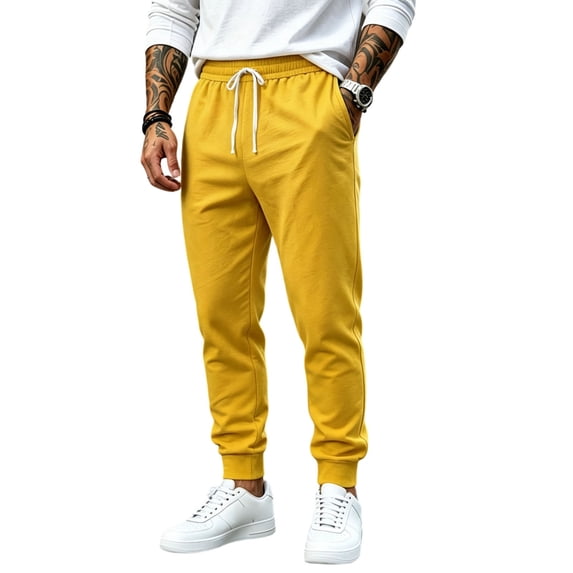 Havenx Mens Sweatpants Tapered Legs Drawstring Jogging Pants with Pockets Elastic Waist Open Bottom Sweatpant Gym Lounge Athletic Workout Fall Winter Streetwear,Yellow S