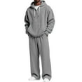 thumbnail image 1 of Havenx Mens Sweatsuits Sets Waffle Knit Quarter Zip Set Long Sleeve Drawstring Waist Hoodie and Sweatpants Wide Leg Running Sport Athletic Lounge Soft Active Outfit,Gray 2XL, 1 of 6