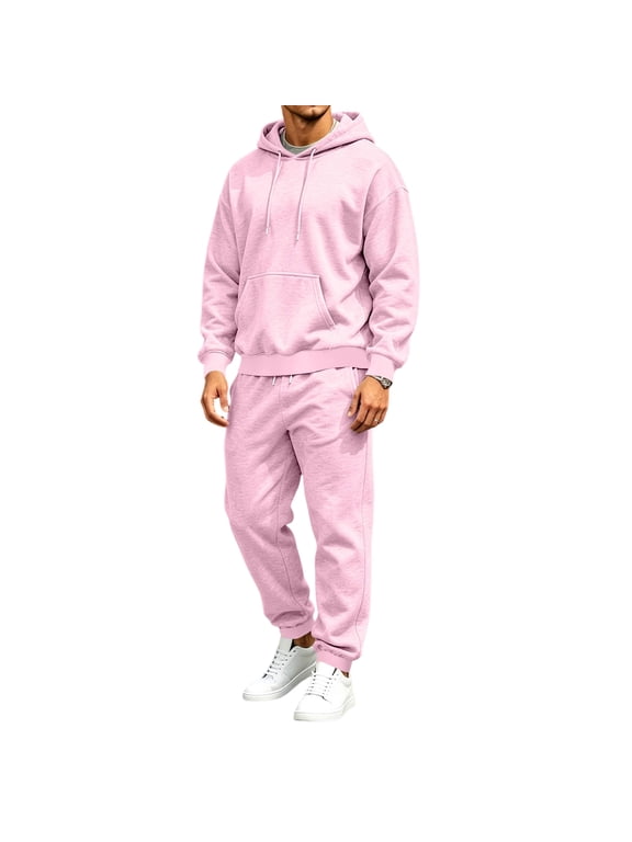 Mens Track Suits 2 Piece Set Long Sleeve Drawstring Hoodie and Sweatpants Outfits with Pockets Solid Color Track Suits Running Sport Athletic Lounge Soft Active Outfits,Pink M