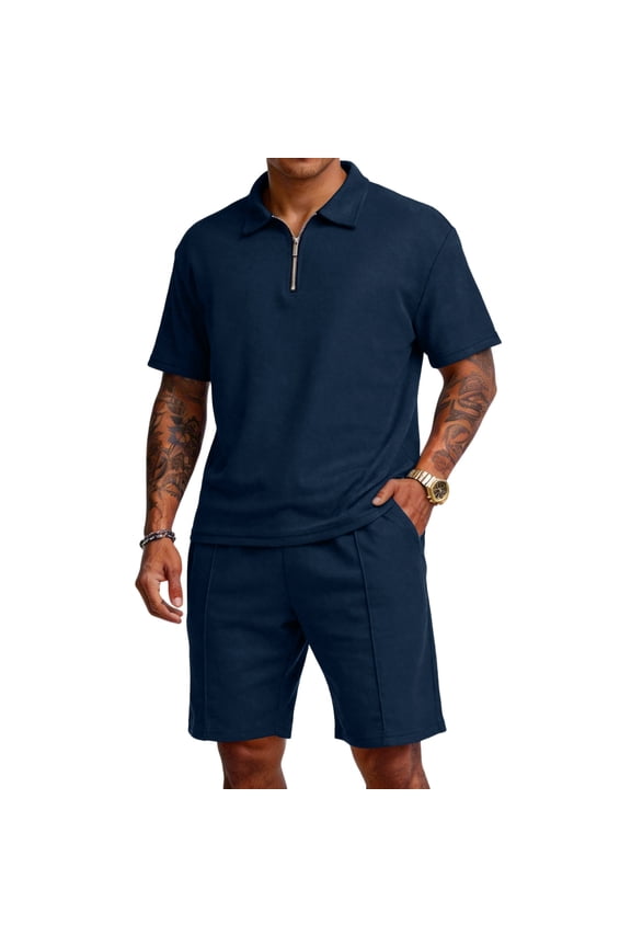 Mens Track Suits 2 Piece Set Waffle Knit 1/4 Zipper Polo Shirt and Shorts Set Short Sleeve Drawstring Sweatsuit Sets with Pockets Athletic Jogging Sports Summer Clothes,Navy L