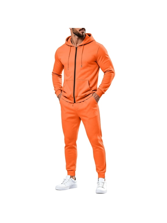 Mens Tracksuit Full Zip Long Sleeve Drawstring Hoodie and Elastic Waist Jogger Pants Sets with Pockets Tracksuit Active Jogging Gym Soft Breathable Sportsuits,Orange M