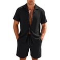 thumbnail image 1 of Havenx Mens Two Piece Outfit Button Down Short Sleeve Drawstring Shirt and Shorts Set Lapel Collar Texture Outfit Comfortable Athletic Summer Beach Vacation Wear,Black 3XL, 1 of 6