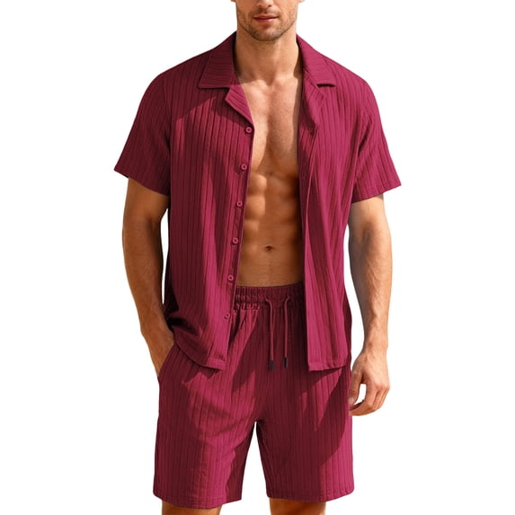 Havenx Mens Two Piece Outfit Button Down Short Sleeve Drawstring T-Shirts Shorts Outfits Lapel Collar Textured Set Fashional Comfortable Athletic Loose Casual Outfits Tracksuit,Wine 3XL
