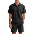 thumbnail image 1 of Havenx Mens Two Piece Outfit Short Sleeve Jacquard Texture Polo Shirts and Shorts Set 1/4 Zip Collared Drawstring Outfit Summer Beach Vacation Breathable Athletic Outfits Tracksuit,Dark Gray L, 1 of 4