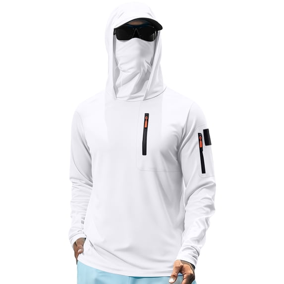 Havenx Mens UPF 50+ Fishing Shirts Long Sleeve Uv Protection Shirt with Zip Pockets Quick Dry Hooded Hoodie Shirt with Mask Cooling Lightweight Outdoor Hiking Fishing Blouses,White L