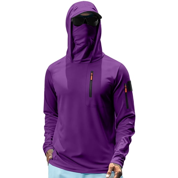 Havenx Mens UPF 50+ Fishing Shirts Long Sleeve Uv Protection Shirt with Zip Pockets Quick Dry Hooded Hoodie Shirt with Mask Outdoor Fishing Lightweight Casual Summer Blouses,Purple 2XL
