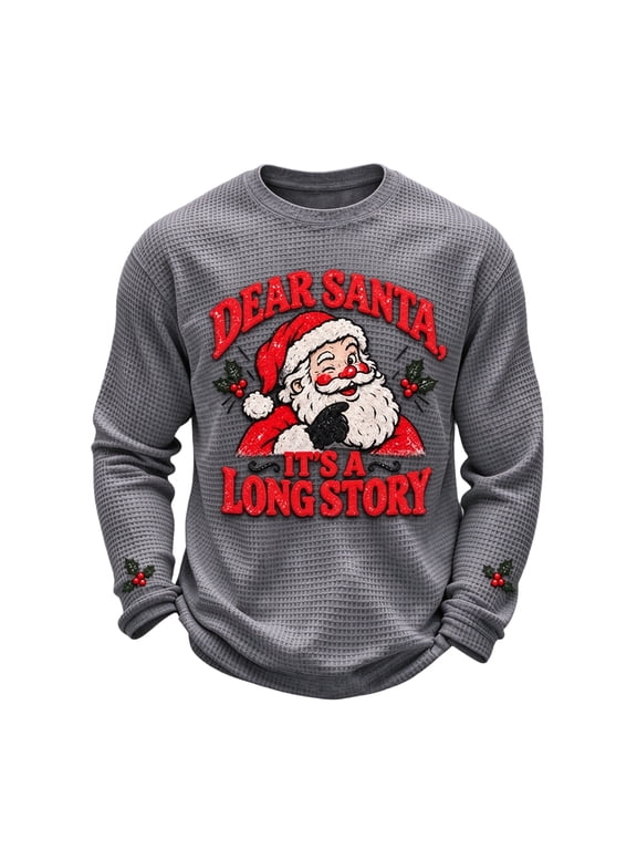Mens Ugly Christmas Sweater Funny Santa Graphic Waffle Knit Pullover Shirt Long Sleeve Crew Neck Tops Xmas Party Christmas Shirts