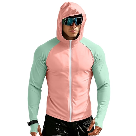 Havenx Mens Uv Protection Fishing Jackets Raglan Long Sleeve Full Zip Coat Thumbhole Hooded Rash Guard Jackets Cooling Lightweight Outdoor Hiking Fishing Blouse,Pink XL