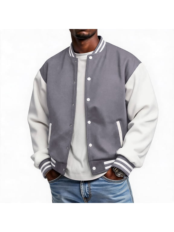 Mens Varsity Baseball Jacket Long Sleeve Button Down Bomber Coat with Pockets Stand Collar Coats Fall Winter Lightweight Loose Fit Casual Outerwear