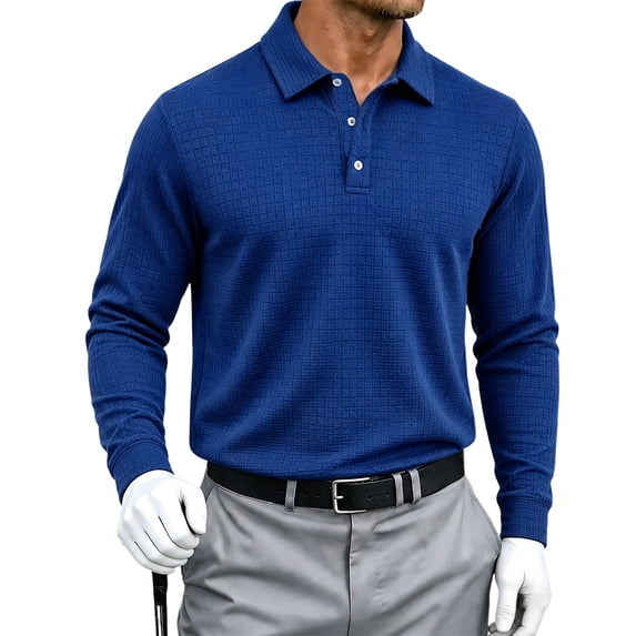 Havenx Mens Waffle Knit Polo Shirts Long Sleeve Button Down Polo Shirts Collared Solid Color Golf Shirt Fall Winter Comfortable Casual Soft Lightweight Clothes,Royal Blue 5XL