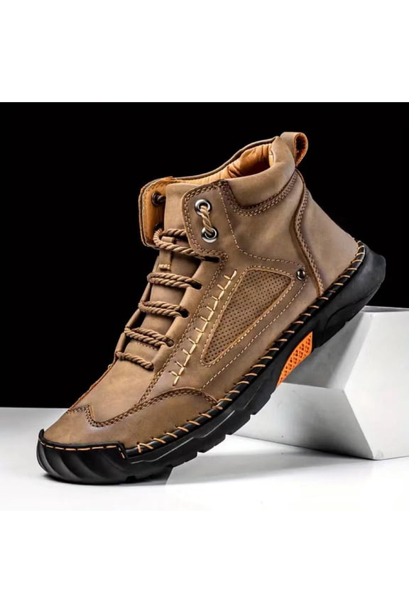 Mens Wide Leather Shoes Work Casual Comfortable Boots Waterproof Arch Support Pressure Spacious Toe Box Outdoor Walking Shoes,Khaki 45(US-10)