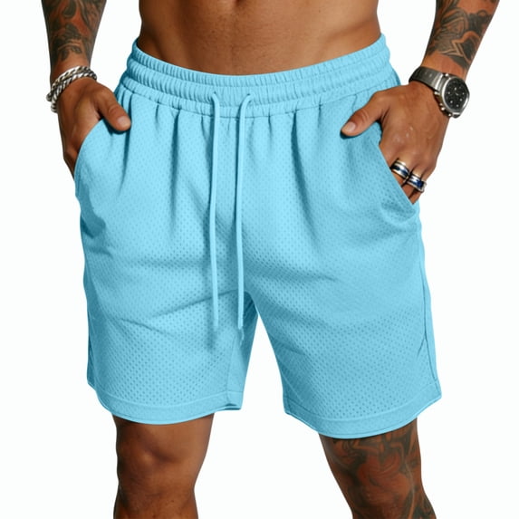 Havenx Mesh Performance Gym Athletic Shorts for Men Drawstring Elastic Waist Short with Pockets Fast Dry Mesh Short Pants Athletic Running Training Summer Beach Sportswear,Sky Blue L