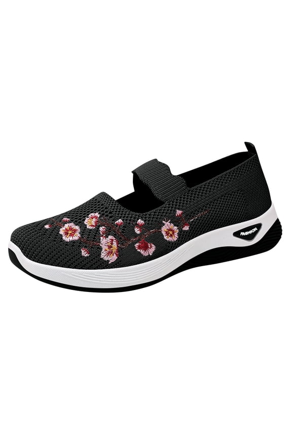 Orthopedic Mesh Embroidery Floral Shoes for Women Breathable Elastic Platform Non Slip Memory Foam Mom Walking Shoes Casual Lightweight Walking Sneakers,Black 39