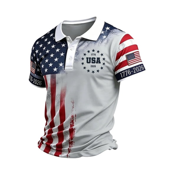Havenx Patriotic Polo Shirts for Men Short Sleeve Collared Shirt American Flag Design Button Down Polo Shirts 250 Years Of Freedom Cross Patriotic Top,Gray 3XL