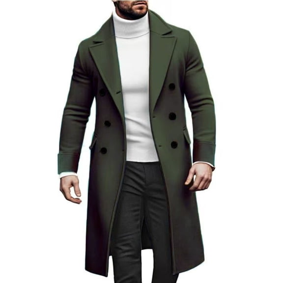 Havenx Pea Coat for Men Single Brested Long Coats Lapel Collar Wool Blend Pea Coat with Pockets Windbreaker Business Classic Winter Jackets,Deep Green 3XL