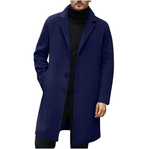 Havenx Pea Coat for Men Single Brested Long Trench Coat Notched Collar Lapel Wool Blend Pea Coat with Pockets Windbreaker Business Classic Winter Trench Coat Jackets,Navy M