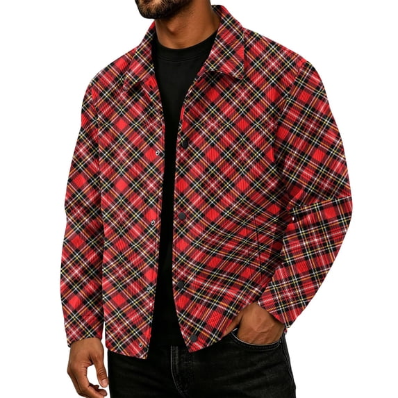 Havenx Plaid Print Corduroy Jacket for Men Long Sleeve Button Down Shirt Jacket with Pockets Lapel Collar Shacket Jacket Casual Western Loose Fit Fall Winter Clothing,Deep Red XL