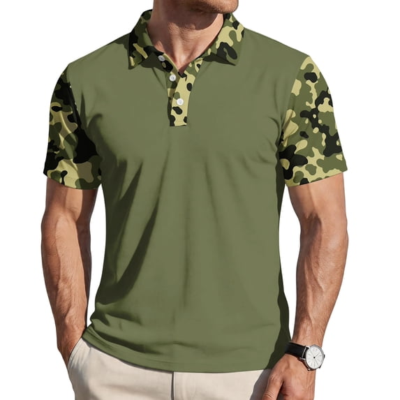 Havenx Polo Shirts for Men Short Sleeve Button Down Shirt Camo Printed Raglan Collared T Shirt Classic Fit Summer Work Business Top,Light Green S