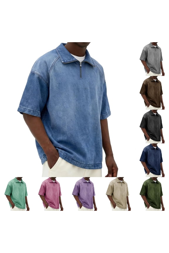 Quarter Zip Pullover for Men Collared Short Sleeve Shirts Denim Distressed Acid Wash T Shirts Classic Outdoor Loose Vintage Streetwear,Brown 3XL