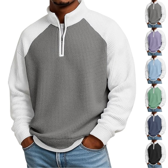 Havenx Quarter Zip Pullover Sweatshirt for Men Waffle Knit Long Sleeve Shirt Stand Collar Textured Polo Sweaters Colorblock Patchwork Loose Fit Fashion Winter Stylish Comfort Clothes,Green L