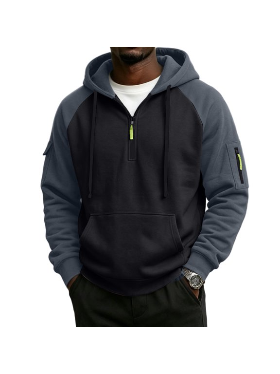 Quater Zip Up Hoodies for Men Long Raglan Sleeve Drawstring Hoodies with Zipper Pockets Hooded Pullover Sweatshirt Athletic Workout Casual Fall Winter Fashion Streetwear,Black L