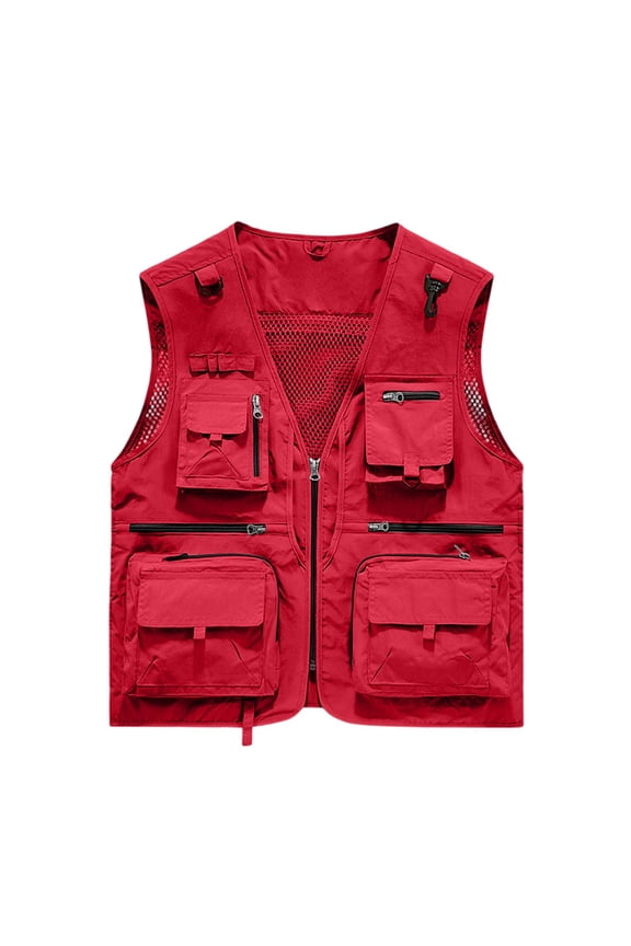 Safari Cargo Vest Jacket for Men Zip Up V Neck Sleeveless Vest with Multi-Pockets Jacket Lightweight Travel Hunting Fishing Casual Outerwear,Red 3XL