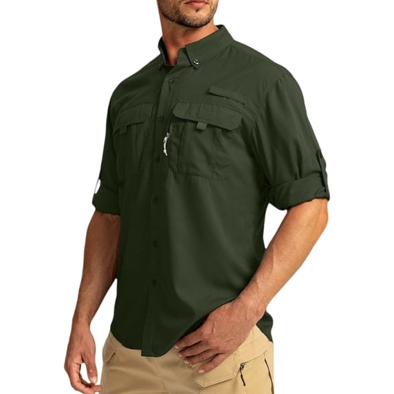 Havenx Safari Shirts for Men Long Sleeve Button Down Collared Shirts with Zipper Pockets Solid Color Dress Hiking Fishing Outdoor Summer Travel Tops,Camouflage Green 2XL