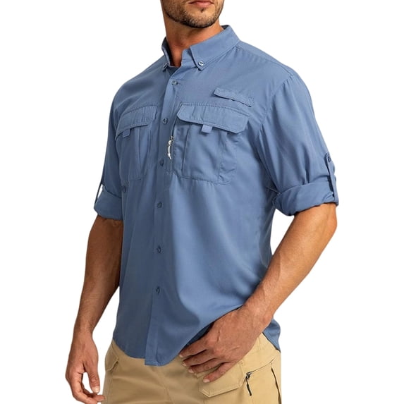Havenx Safari Shirts for Men Long Sleeve Button Down Lapel Collar Shirts with Zipper Pockets Solid Color Dress Hiking Fishing Outdoor Summer Travel Clothing,Blue 2XL
