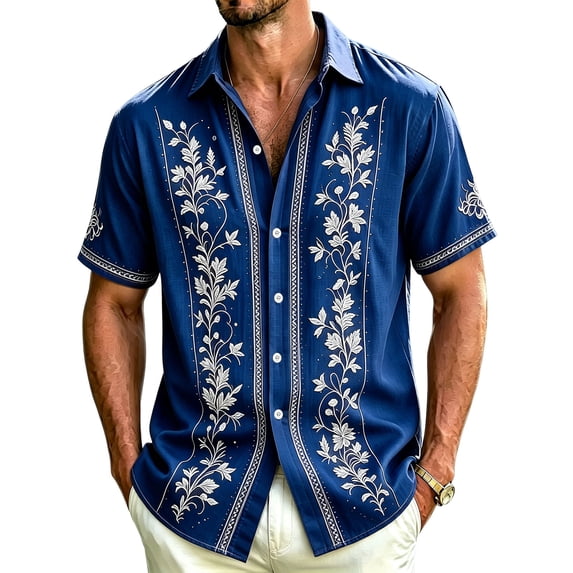 Havenx Shirts for Men Short Sleeve Floral Print Shirts Button Up Collared Outfits Vintage Hawaiian Summer Beach Vacation Clothing,Dark Blue S