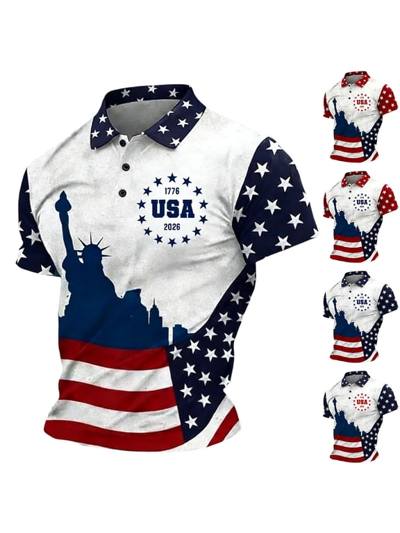 Short Sleeve American Flag Polo Shirts for Men Buttons Collared Polo Shirt American Flag Printed T-Shirts 250 Year American Anniversary Freedom Shirt Tops,Red 4XL