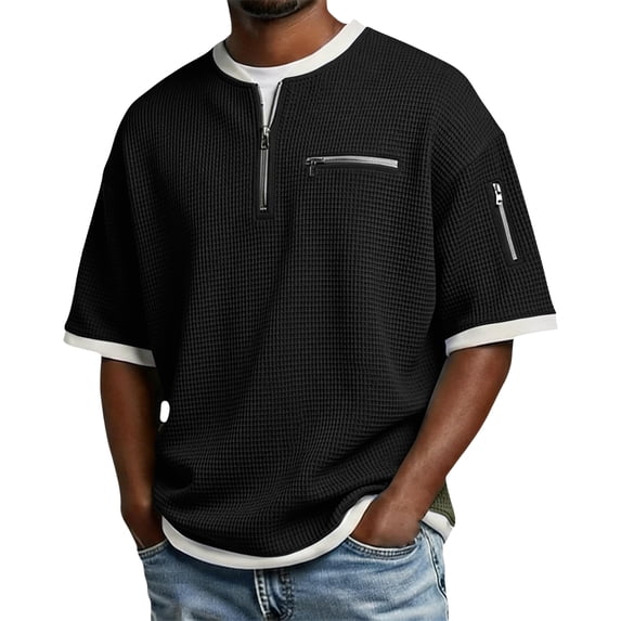 Havenx Short Sleeve Waffle Shirts for Men Zipper Textured Pullover Pocket Waffle-Knit Contrast Color Polo Shirt Hip Hop Summer Casual Work Fashion Clothing,Black L