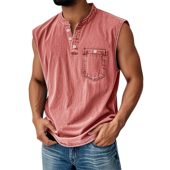 Havenx Sleeveless Shirts for Men Henley Button Down Distressed Washed Tank Top with Pockets V Neck Tops Vintage Summer Beach Casual Muscle Athletic Tee,Pink 3XL