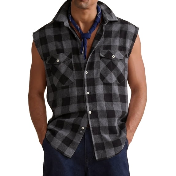 Havenx Sleeveless Shirts for Men Plaid Button Up Vest Shirt with Pockets Lapel Collar Tops Casual Athletic Summer Cowboy Lightweight Outfits,Gray L