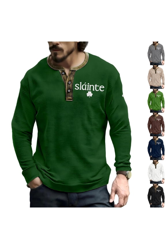 St Patrick's Day Waffle Knit Shirt for Men Shamrock Graphic Long Sleeve Henley Shirts Button Down Henley Neck Pullovers Thermal St Patrick's Day Relaxed Fit Pullover Shirts,Brown XL