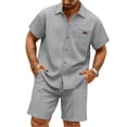 thumbnail image 1 of Havenx Summer Beach Outfits 2 Piece for Men Short Sleeve Waffle Knit Shirt and Shorts Sets Button Down Textured Lapel Collar Outfit with Pocket Vintage Fashion Summer Vacation Tracksuit,Gray M, 1 of 5