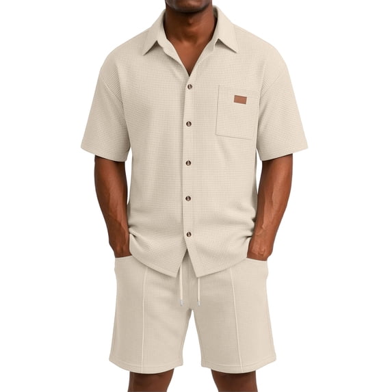 Havenx Summer Beach Outfits 2 Piece for Men Waffle Knit Short Sleeve Button Down Shirts and Shorts Lapel Collar Drawstring Outfits Summer Beach Vacation Breathable Athletic Activewear,Khaki XL