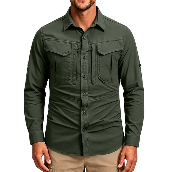 Havenx Sun Protection Fishing Shirts for Men Long Sleeve Button Down Shirts with Zipper Pockets Upf 50+ Tops Lightweight Summer Travel Cooling Camping Clothing,Camouflage Green 4XL
