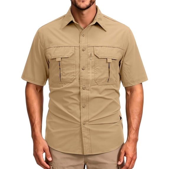 Havenx Sun Protection Fishing Shirts for Men Short Sleeve Button Down Shirts with Zipper Pockets Upf 50+ Tops Cooling Camping Travel Work Summer Outdoor Clothes,Khaki L