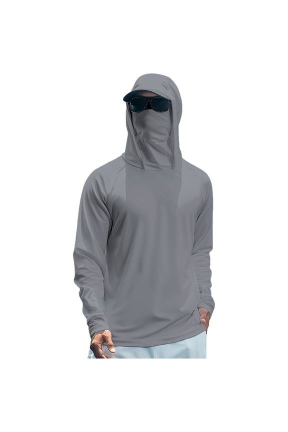 Sun Protection Shirts for Men Long Sleeve Upf 50+ Shirts with Mask Hooded Uv Protection Rash Guard Casual Summer Lightweight Athletic Workout Blouses,Gray L