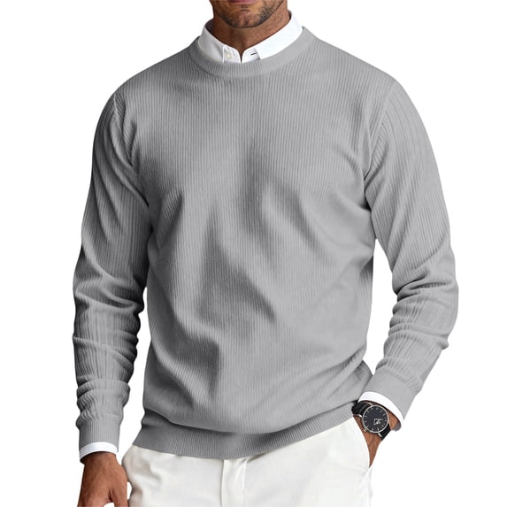 Havenx Sweater for Men Round Neck Long Sleeve Pullover Sweater Ribbed Knit Solid Color Tops Pullovers Thermal Business Casual Lightweight Dress,Light Gray L