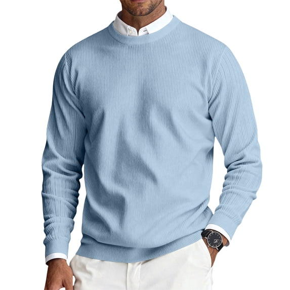 Havenx Sweater for Men Crewneck Long Sleeve Sweaters Ribbed Knit Solid Color Tops Pullovers Holiday Party Lightweight Slim Fit Wear,Light Blue 4XL