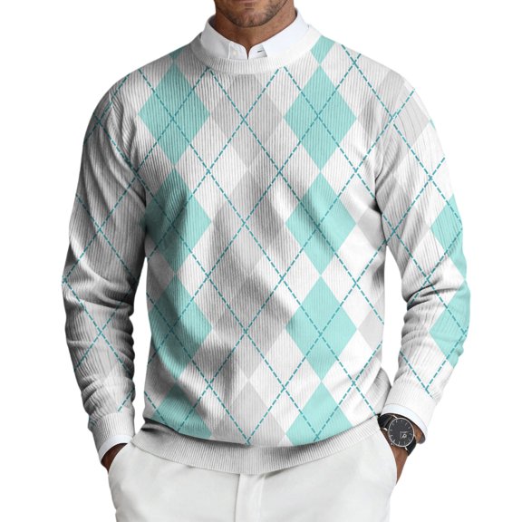 Havenx Sweater for Men Round Neck Plaid Sweaters Long Sleeve Knit Dress Pullover Sweaters Thermal Business Casual Lightweight Outfits,Light Blue XL