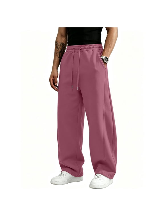 Sweatpants for Men Straight Wide Leg Drawstring Jogging Pants with Pockets Elastic Waist Open Bottom Sweatpants Lightweight Gym Lounge Soft Fall Winter Trousers,Watermelon Red S